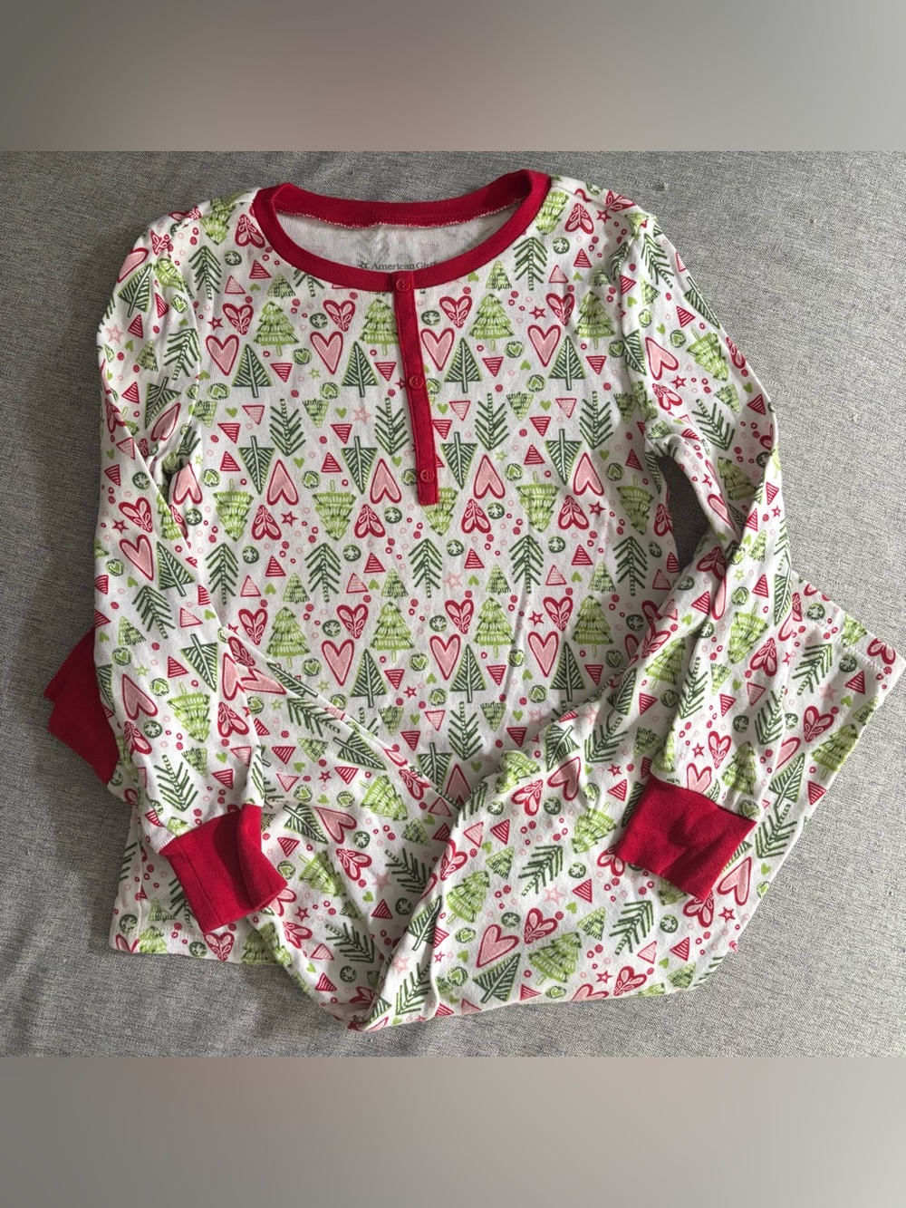 American Girl Kids Red & Green Holiday Heart and Tree Pajama Set - 7